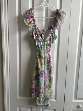 Sky to Moon Green and Pink Purple Floral Sun Dress With Side Cutouts Size M
